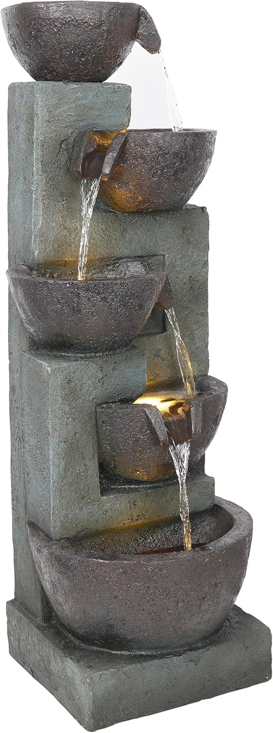 Alpine Corporation 39' Tall 5-Tier Bowls Waterfall Fountain with LED Lights, Elegant Outdoor Water Feature for Garden, Patio, Yard, Gray