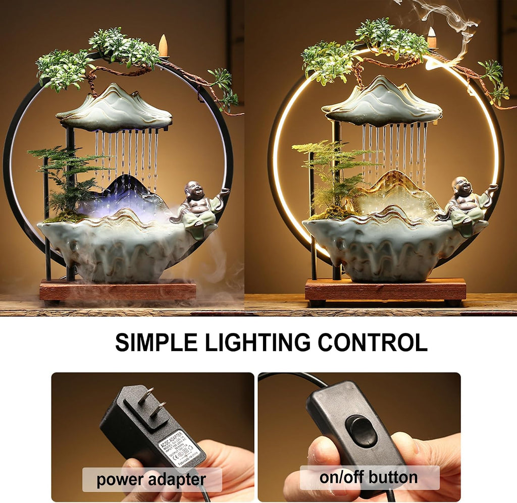 Tabletop Buddha Fountains Indoor Buddha Tabletop Water Fountains with Waterfall Lights Mist Backflow Incense Holder Meditation Indoor Zen Fountain for Home Office Room Decor (2 Buddha Statues)