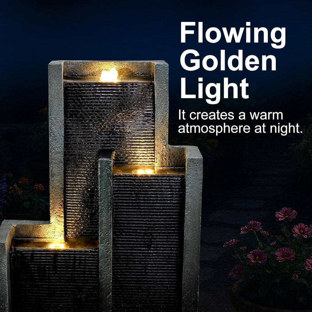 Naturefalls 50.7-Inch Tall Outdoor Water Fountain with LED Lights and Pump, Modern Resin Floor Standing Cascading Waterfall Fountain for Garden Patio Backyard