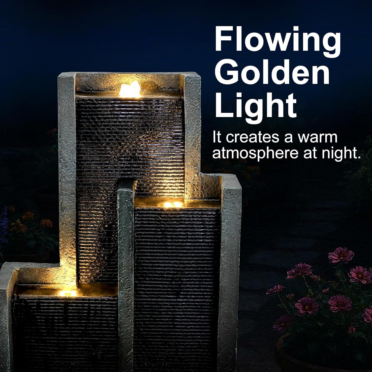 Naturefalls 50.7-Inch Tall Outdoor Water Fountain with LED Lights and Pump, Modern Resin Floor Standing Cascading Waterfall Fountain for Garden Patio Backyard