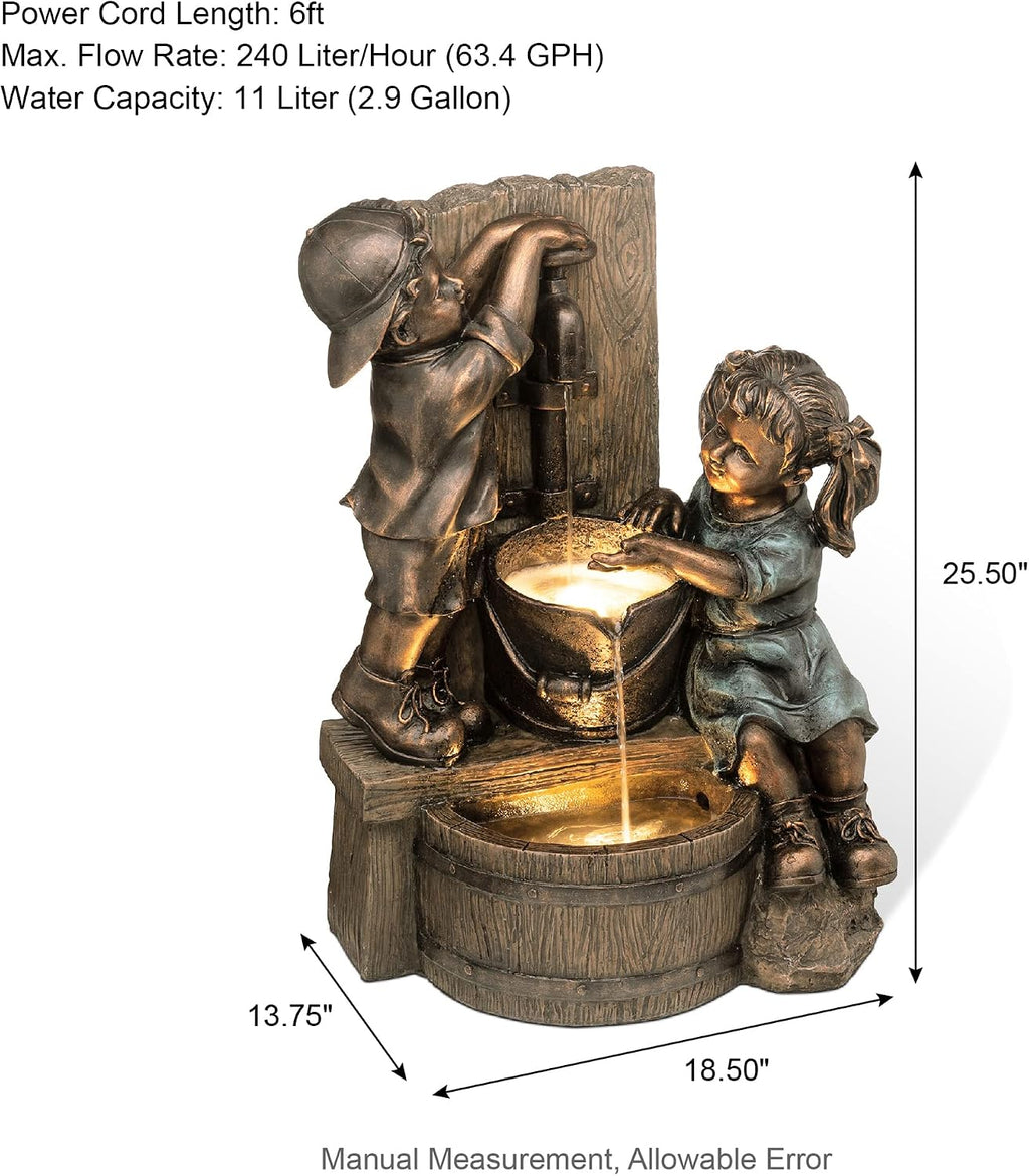Glitzhome Outdoor Water Fountain with LED Light, Children Playing with Faucet Waterfall Fountains, Antique Bronze Resin Boy and Girl Statue Outdoor Waterfall Fountain for Patio Backyard Garden, 25'H