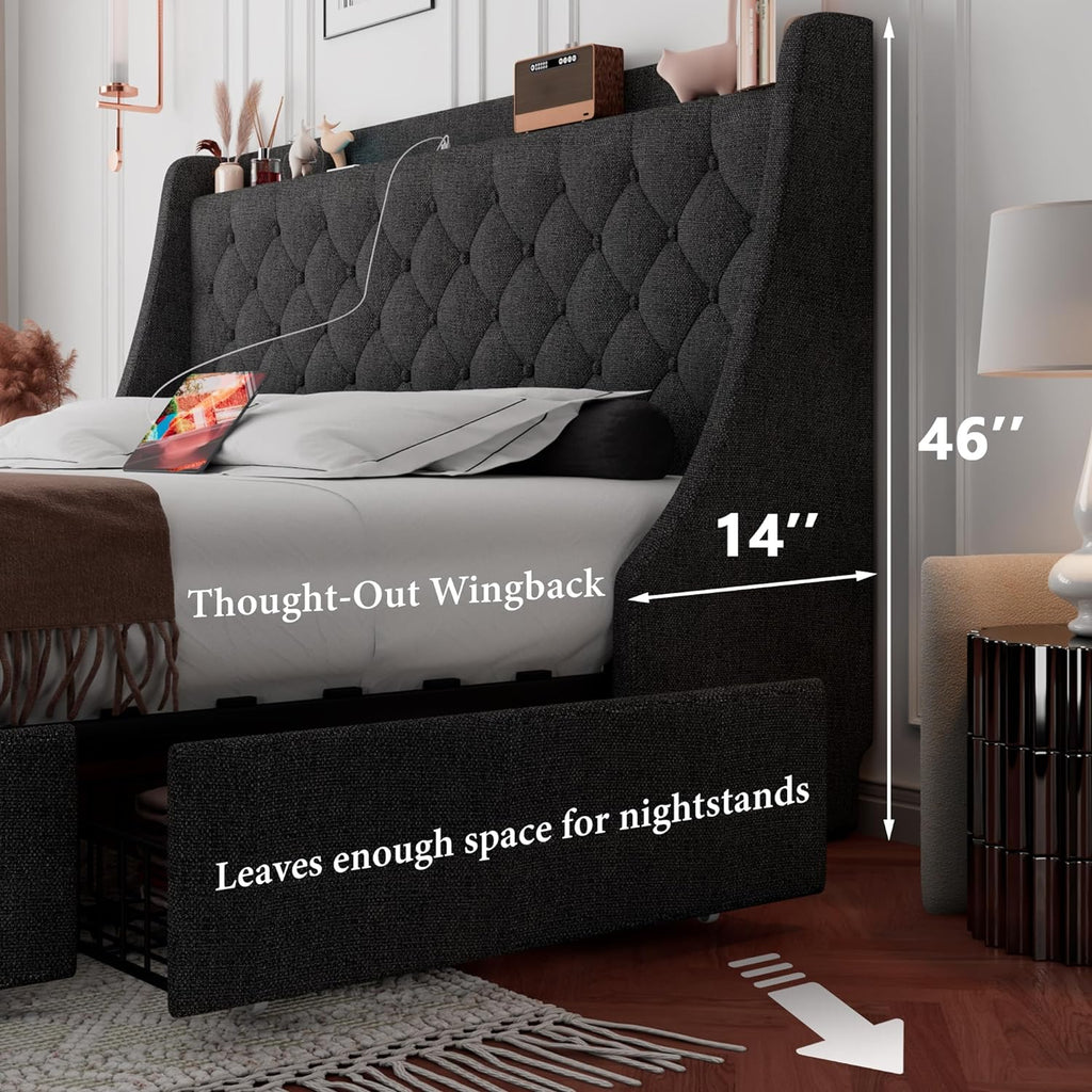 iPormis Queen Bed Frame with 4 Storage Drawers, Upholstered Platform Bed Frame with Type-C & USB Ports, Wingback Storage Headboard, Solid Wood Slats, No Box Spring Needed, Dark Gray
