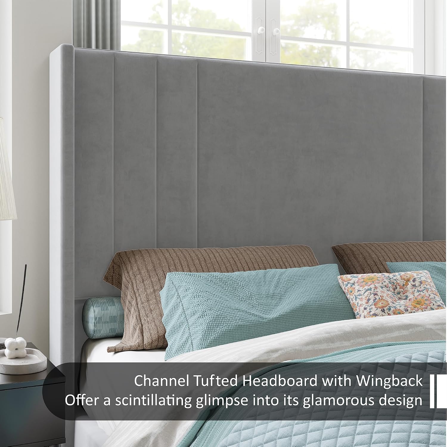 AMERLIFE King Size Bed Frame, Velvet Upholstered Platform Bed with Vertical Channel Tufted Headboard & Footboard/Wingback, Mattress Foundation with Wood Slats, No Box Spring Needed, Light Grey