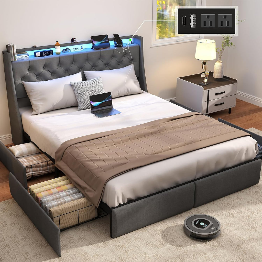SADENICEL Queen Bed Frame with Storage Headboard, Metal Platform Bed Frame Queen Size with 4 Drawer, LED Light, Charging Station, No Box Spring Needed, Noise Free, Easy Assembly, Grey