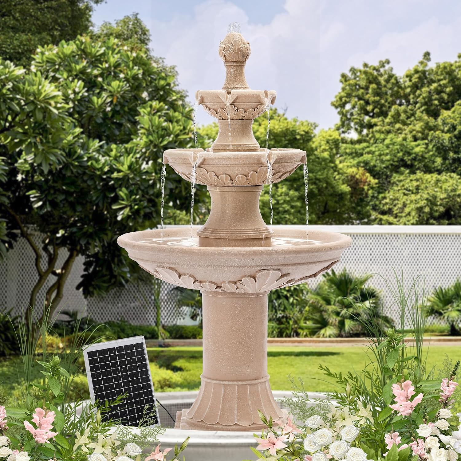 MAGIC UNION Outdoor Solar Water Fountains, 48.4''H Italian Style Garden Fountains and Waterfalls Outside, 3-Tier Large Bubbler Cascading Water Fountain with Pump and Solar Panel for Home Yard Decor
