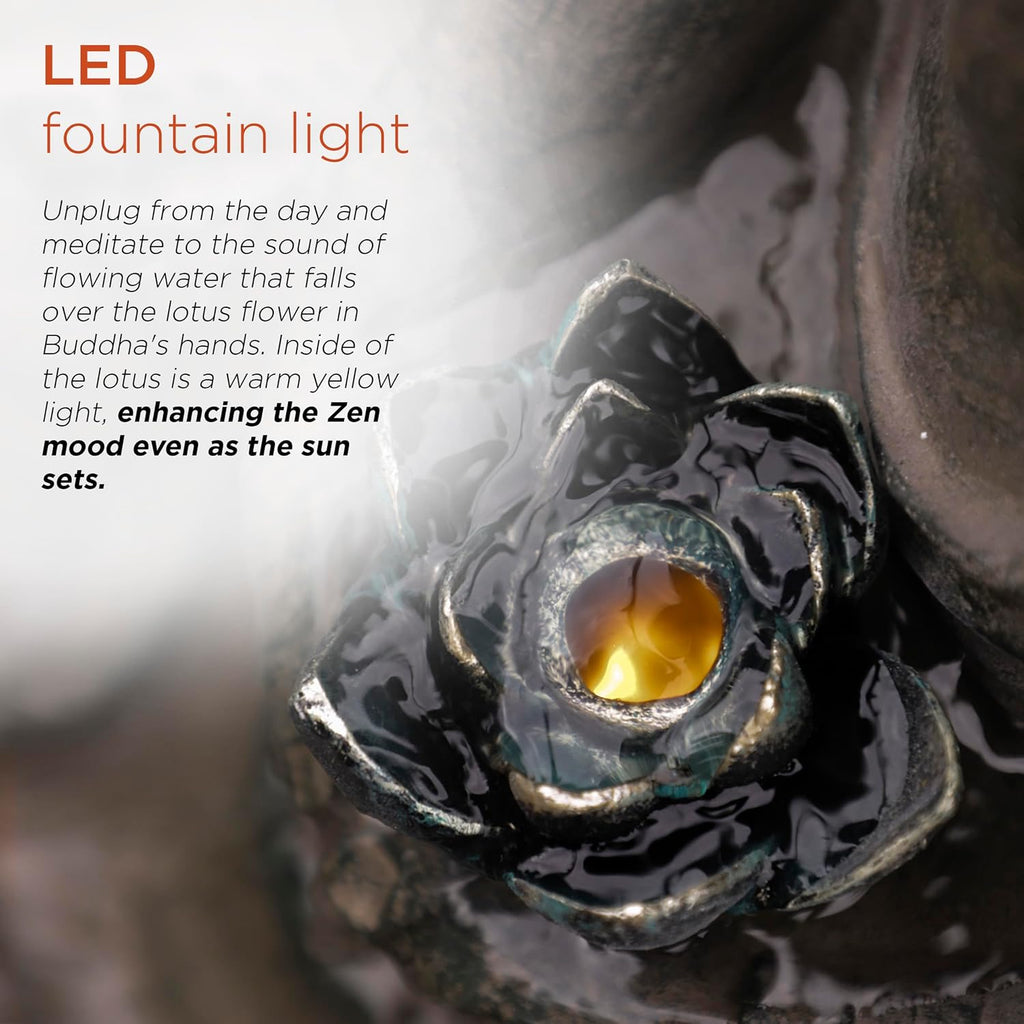 Alpine Corporation GEM178 Indoor Tabletop Meditating Buddha Water Fountain with LED Lights and Lotus Flower, 19', Beige