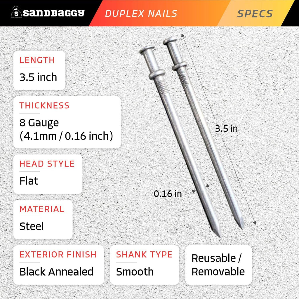 Sandbaggy 16d Duplex Nails (3.5' Long) - Temporary Construction, Concrete Forms, Scaffolding - 8 Gauge Steel - Smooth Shank, Flat Head - Removable/Reusable (2000)