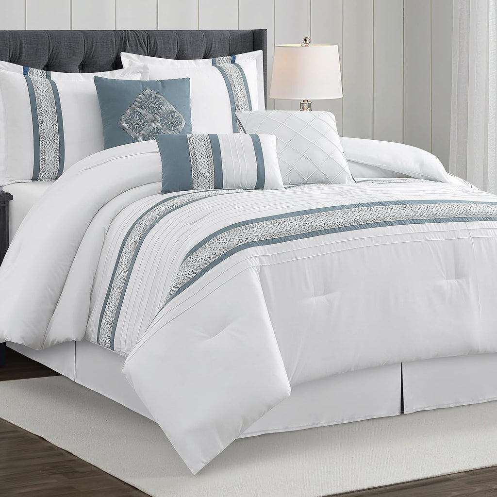 LANCO MODERN LIFESTYLE 7 Piece Comforter Set, Blue White, Queen Size, Boho Style Geometric Microfiber Embroidery, Bed in a Bag with Bedskirt, Pillow Shams and Decor Pillows