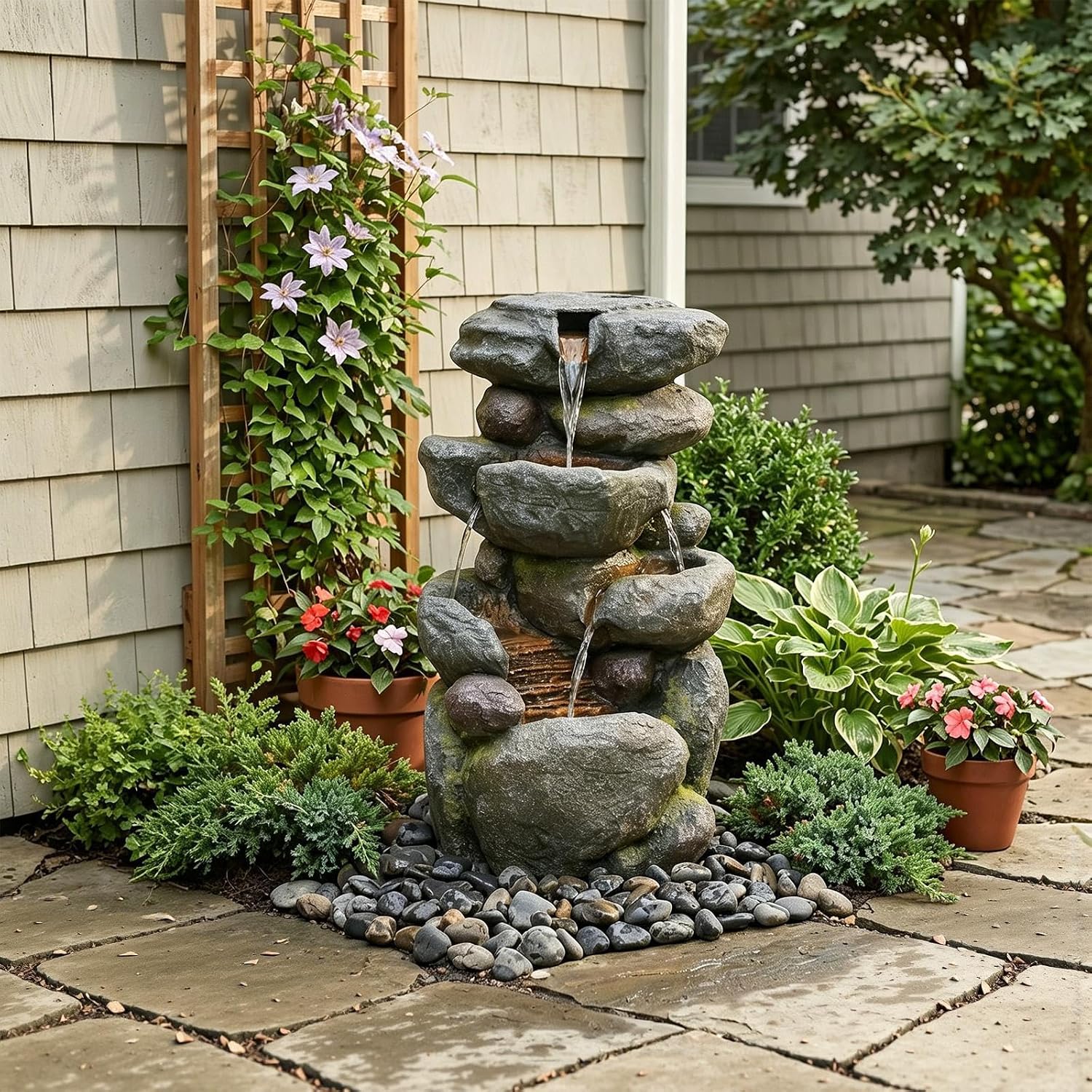 Sunlinua 28.6' H Outdoor Water Fountain with 4 Tiers Cascading Realistic Rock Waterfall Fountains with LED Lights Outdoor Water Fountain for Garden Patio Backyard Porch Home Decor