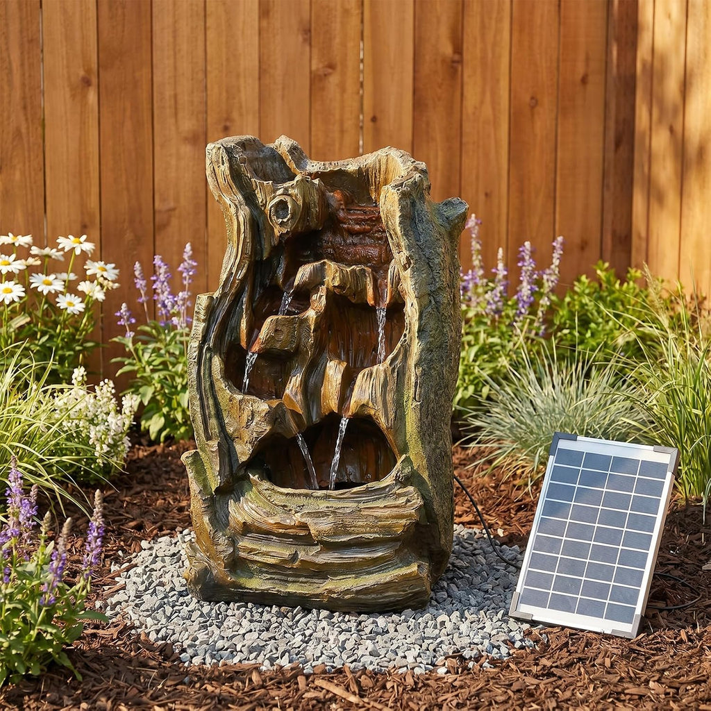 Bumilgar Solar Outdoor Water Fountain, 24.4' Tall Tree Stump Cascading Fountain with Solar Powered Pump, Realistic Wood Grain Resin Water Feature for Garden, Patio, Backyard and Yard Decor
