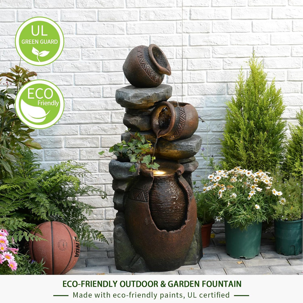 Bumilgar Outdoor Garden Water Fountain for Garden, Patio, Backyard, Deck, Porch and Home Art Decor, 3 Tiers Modern Cascading Outdoor Fountain with Lights 38.4' H
