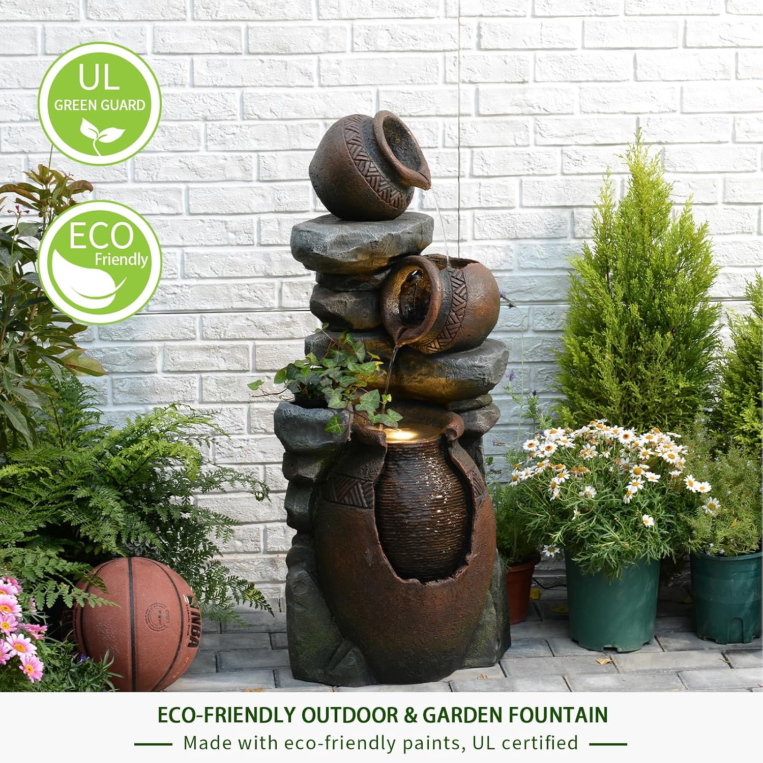 Bumilgar Outdoor Garden Water Fountain for Garden, Patio, Backyard, Deck, Porch and Home Art Decor, 3 Tiers Modern Cascading Outdoor Fountain with Lights 38.4' H