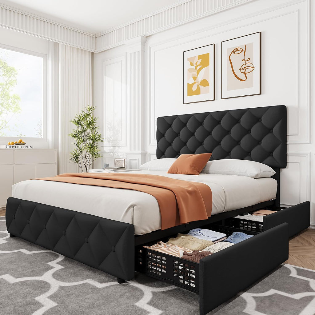 IDEALHOUSE Full Size Bed Frame with 4 Storage Drawers and Adjustable Headboard, Linen Upholstered Platform Beds, Diamond Stitched Button Tufted, No Box Spring Needed, Black
