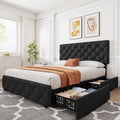 IDEALHOUSE Queen Size Bed Frame with 4 Storage Drawers and Adjustable Headboard, Linen Upholstered Platform Beds, Diamond Stitched Button Tufted, No Box Spring Needed, Black
