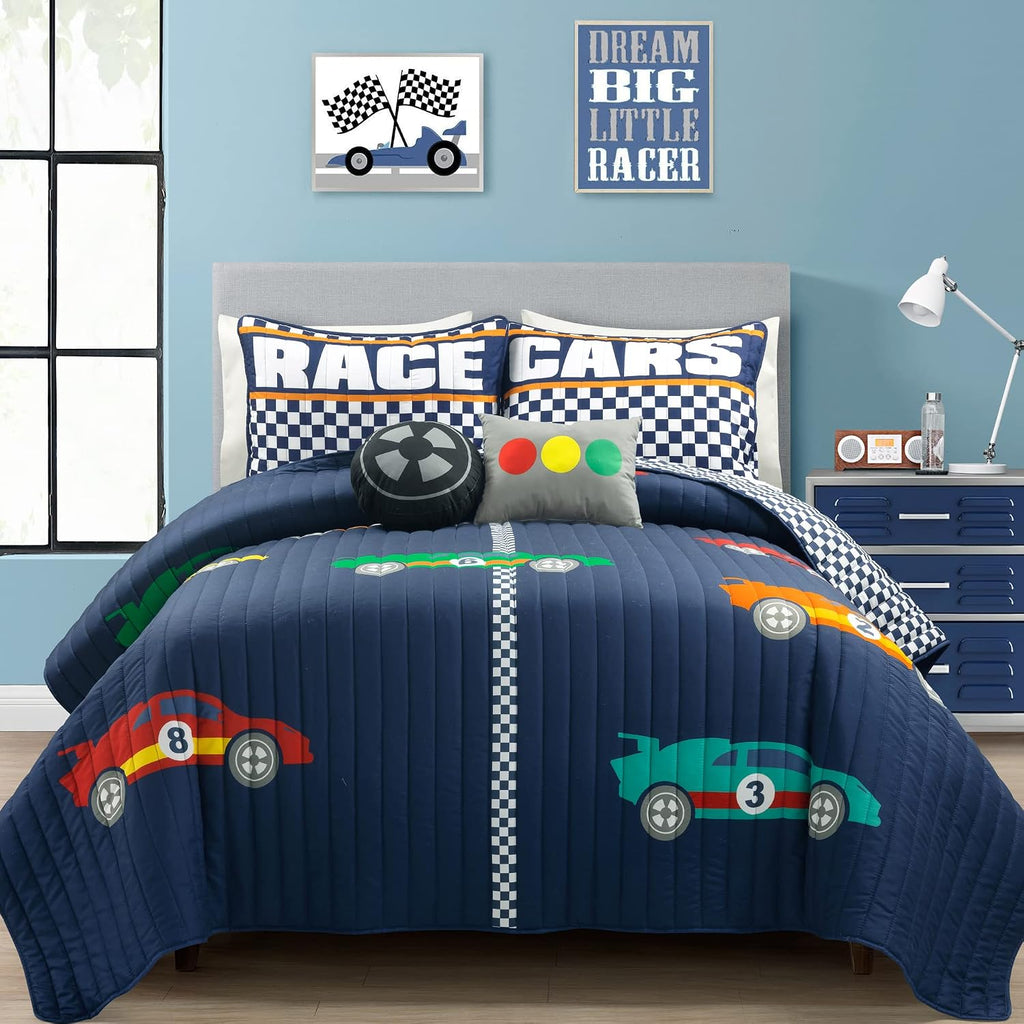 Lush Decor Racing Cars Reversible Quilt Queen Size 5 Piece Set Full/Queen Navy - Kids Bedding Set Queen Quilt - Car Decor