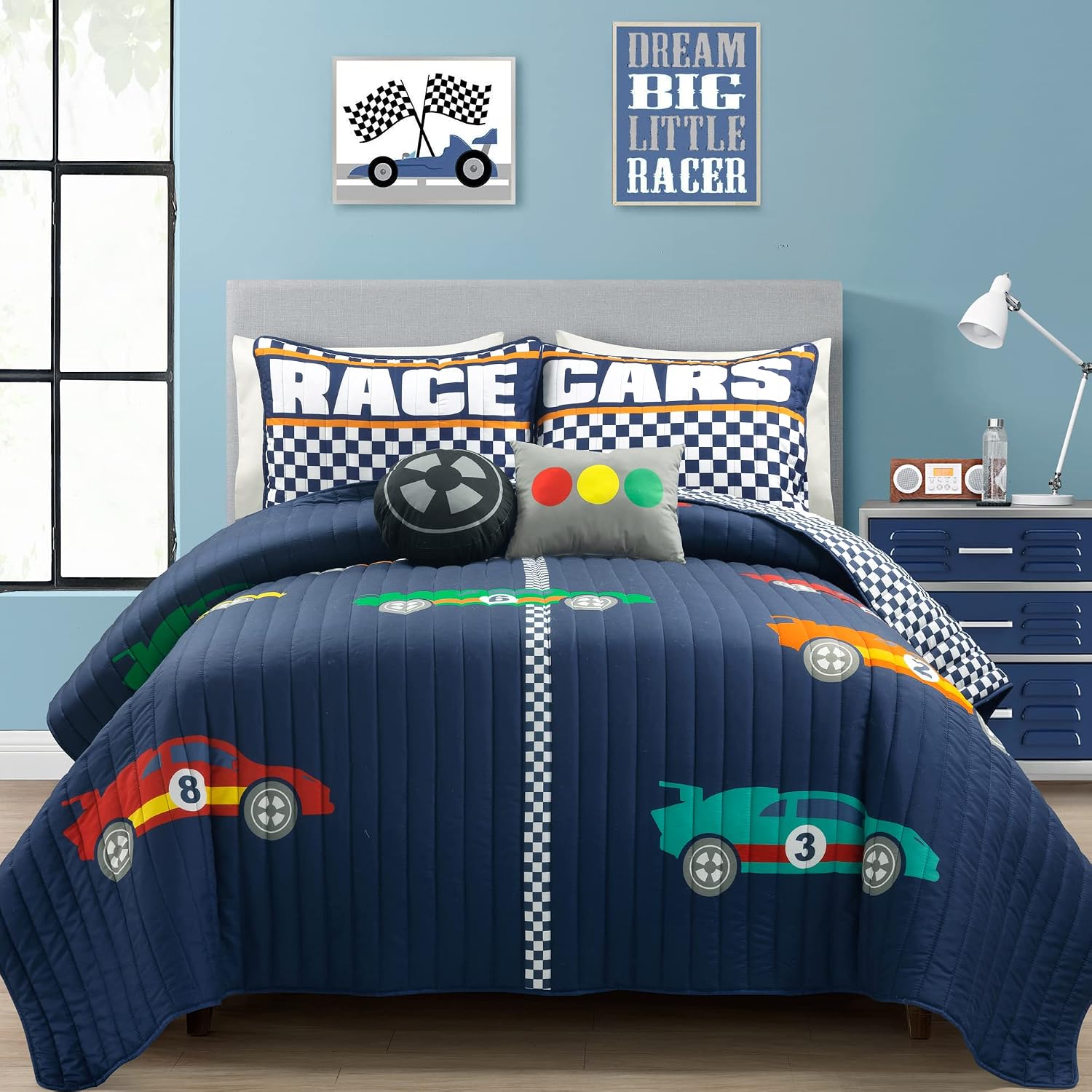 Lush Decor Racing Cars Reversible Quilt Queen Size 5 Piece Set Full/Queen Navy - Kids Bedding Set Queen Quilt - Car Decor