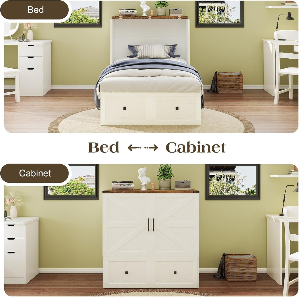 LUXOAK Twin Murphy Bed with 6' Tri-Fold Memory Foam Mattress, Storage Drawer & Charging Station, Space-Saving Design for Home Office or Guest Room, White