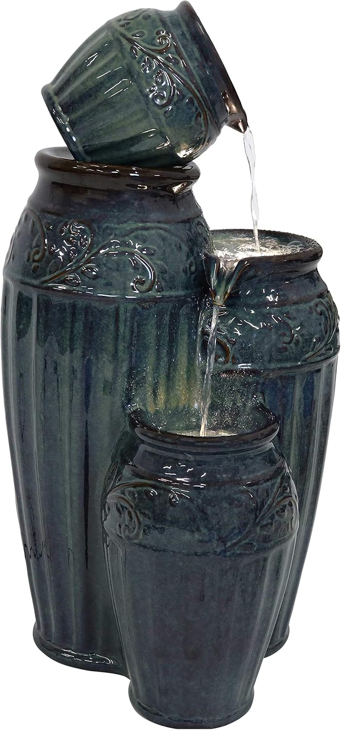 Sunnydaze Tour de Vase Ceramic 27-Inch Outdoor Water Fountain - LED Lights - Electric Submersible Pump with Adjustable Flow