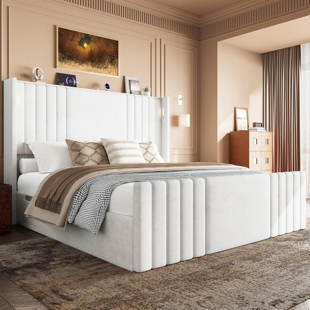 Queen Bed Frame with 55.1' Tall Headboard, Velvet Upholstered Platform Bed with Channel Tufted Wingback, 2 Reading Lights/Storage Shelf/Charging Station/Easy Assembly/Noise-Free, Cream