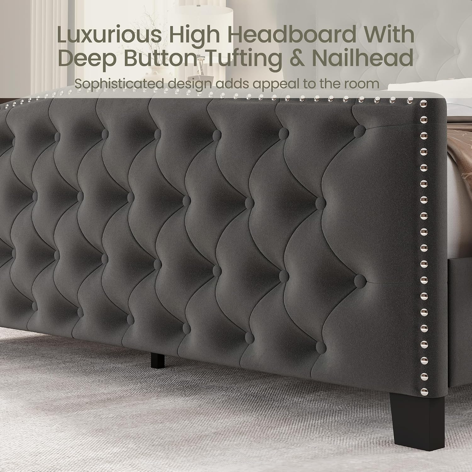 LARMACE Queen Size Bed Frame Velvet Upholstered Platform Bed with Wingback Headboard & Footbaord, Deep Button Tufted Bed Frame with Wood Slats Support, No Box Spring Needed, Grey