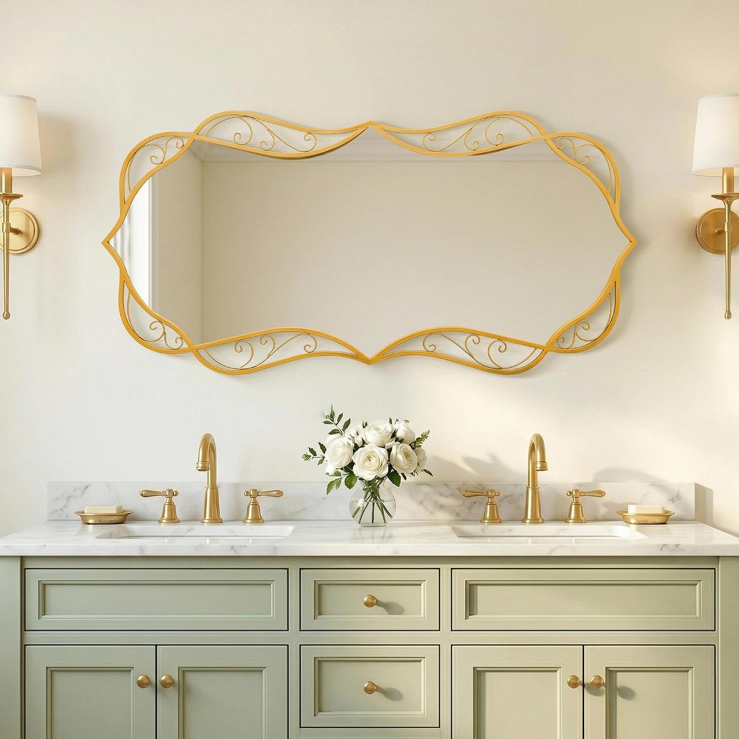 Besdomus Gold Bathroom Large Mirror: 24'x48' Scalloped Modern Large Vanity Mirror for Wall - Farmhouse Decorative Vertical or Horizontal Hanging - Wall Decor for Bathroom/Entryway/Bedroom/Living Room