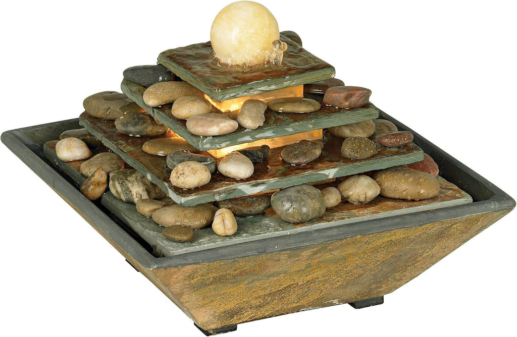 Pyramid 9' High Small Zen Modern Indoor Decor Slate Stone Tabletop Fountain with Light LED Waterfall Feng Shui Ball Water Feature for Desk Relaxation Bedroom Living Room Countertop - John Timberland