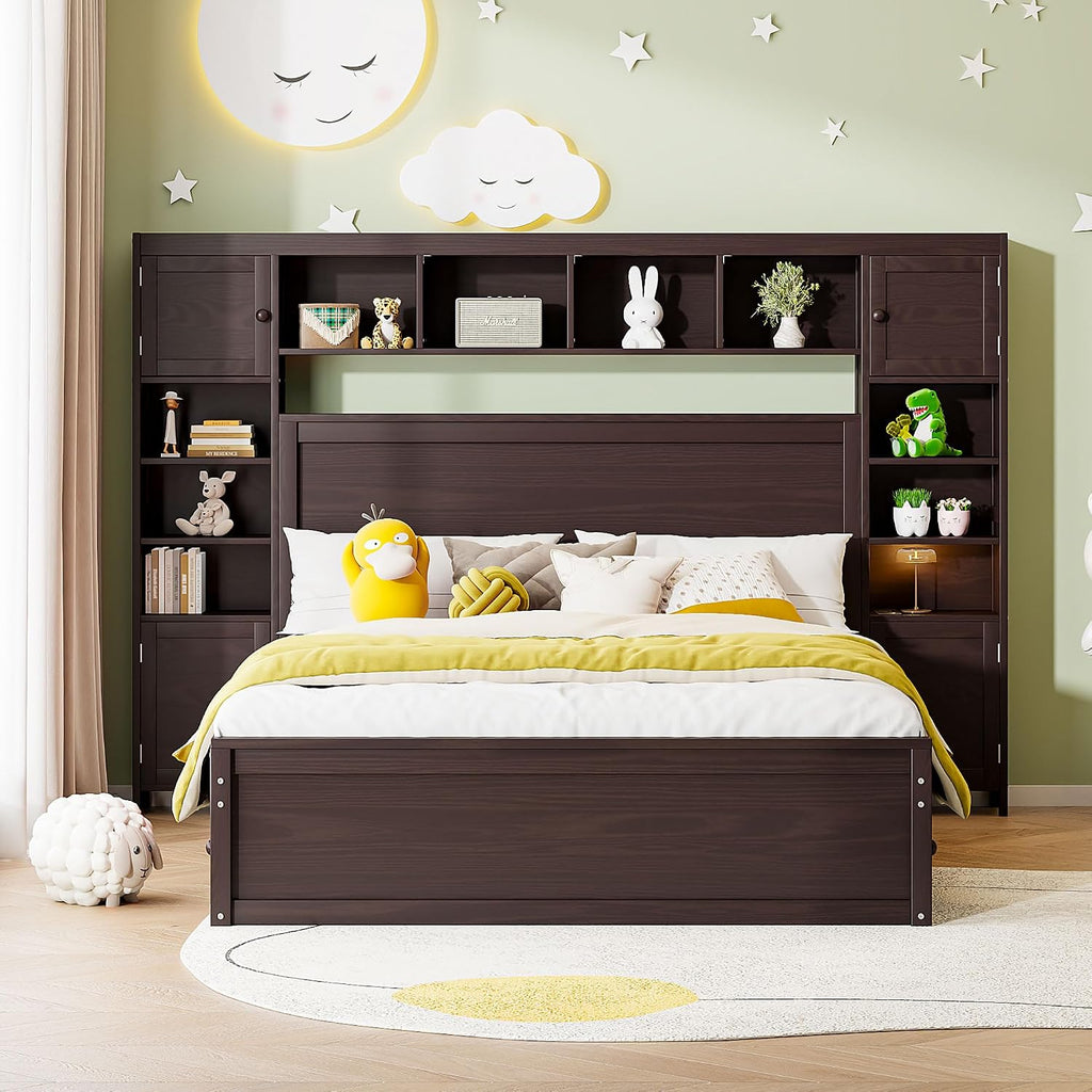 Harper & Bright Designs Espresso Queen Size Platform Bed with All-in-One Cabinet, Shelf and Sockets, Wooden Beds with 4 Storage Drawers, Queen Bed Frame for Bed Room, No Box Spring Needed
