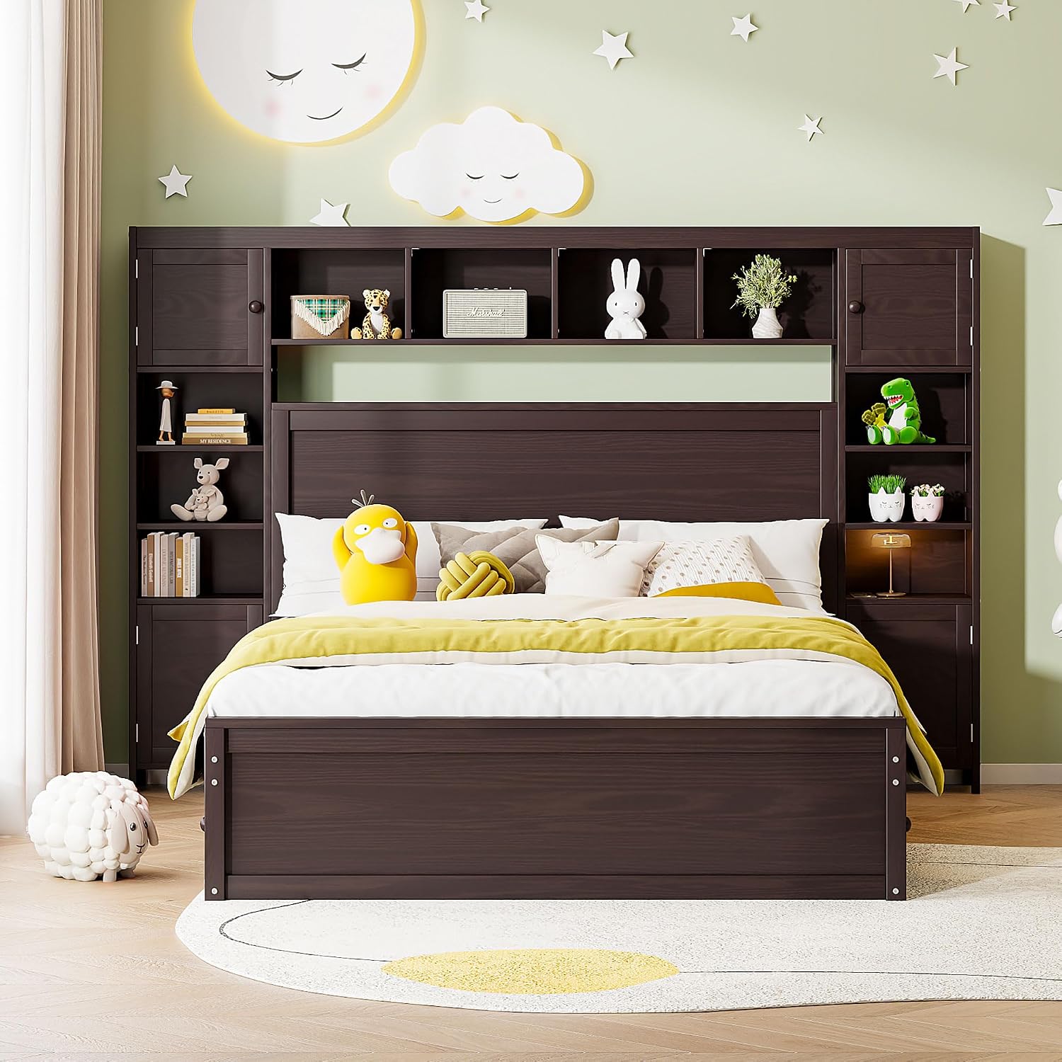 Harper & Bright Designs Espresso Queen Size Platform Bed with All-in-One Cabinet, Shelf and Sockets, Wooden Beds with 4 Storage Drawers, Queen Bed Frame for Bed Room, No Box Spring Needed