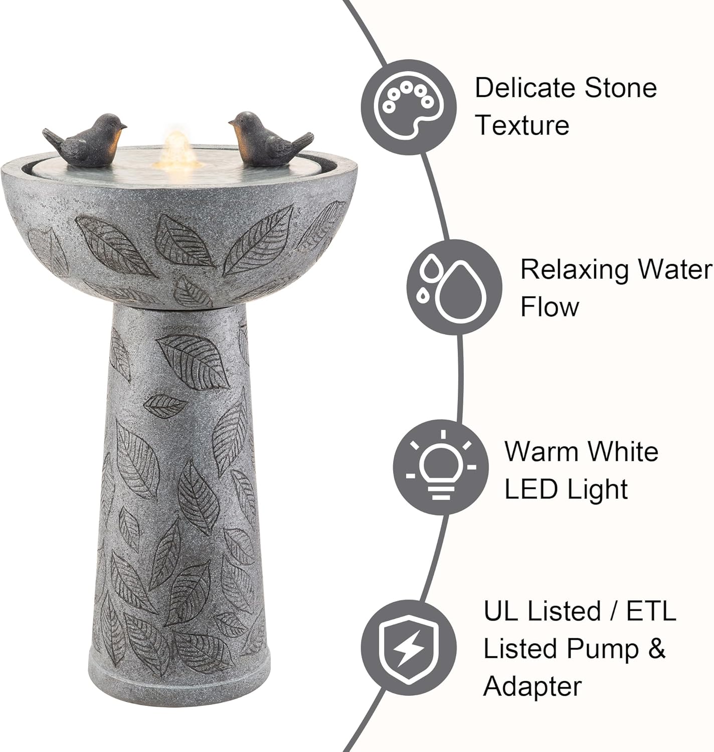Glitzhome Outdoor Water Fountain with Lights & Pump, Bird Bath Fountain with Birds, 27.5' H Polyresin Floor Waterfall Fountains Water Feature for Garden, Yard, Patio, Home Decor
