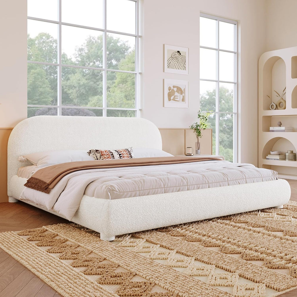 KLMM Upholstered Platform Bed with Thick Fabric, Solid Frame and Curve-Shaped Design,for Kids Teens Adults Bedroom (Cream/Boucle1, King)