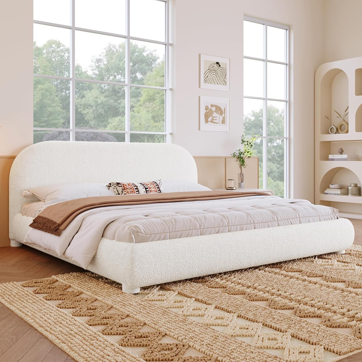 KLMM Upholstered Platform Bed with Thick Fabric, Solid Frame and Curve-Shaped Design,for Kids Teens Adults Bedroom (Cream/Boucle1, King)