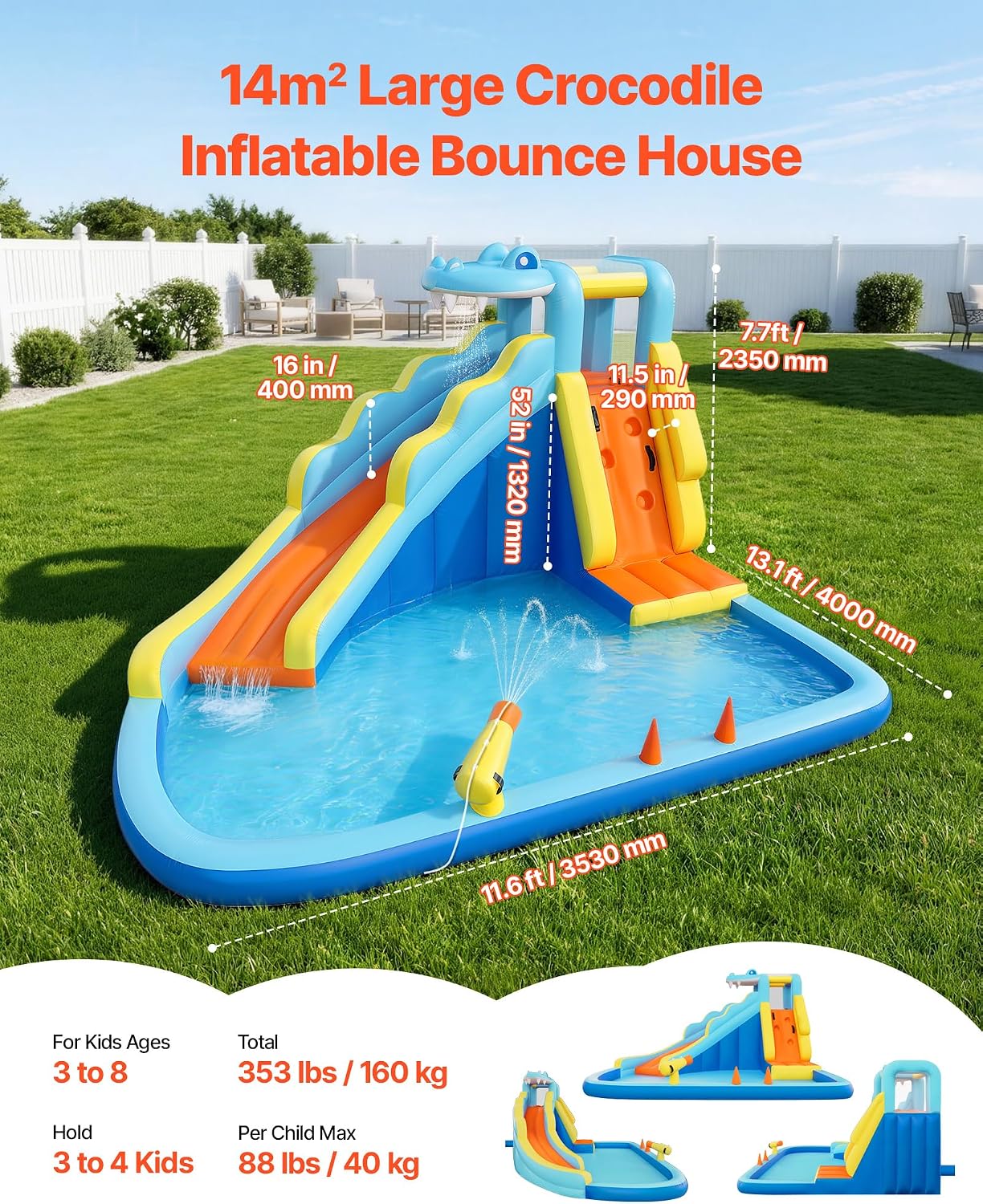 VEVOR Inflatable Crocodile Bounce House with Blower, 6-in-1 Kids Water Park with Slide, Splash Pool, Water Cannon, Ring Toss & Climbing Wall, Backyard Bouncy Castle for Kids Party Gifts