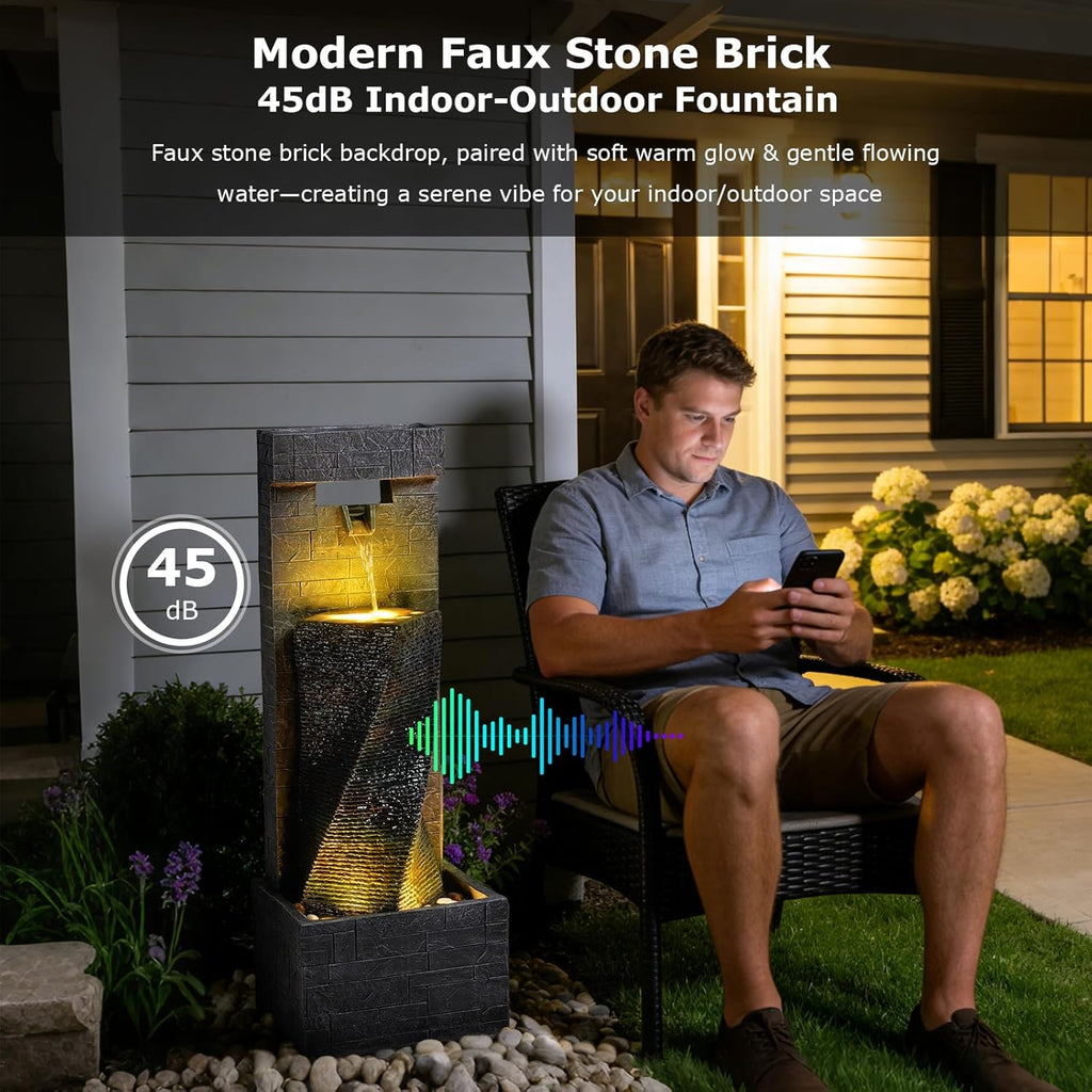 39.8'' Tall Modern Spiral Waterfall Fountain Outdoor/Indoor Water Fountain Resin Stone-Like Water Feature with LED Lights for Outside, Garden, Patio, Porch, Deck, Backyard, Home Decor