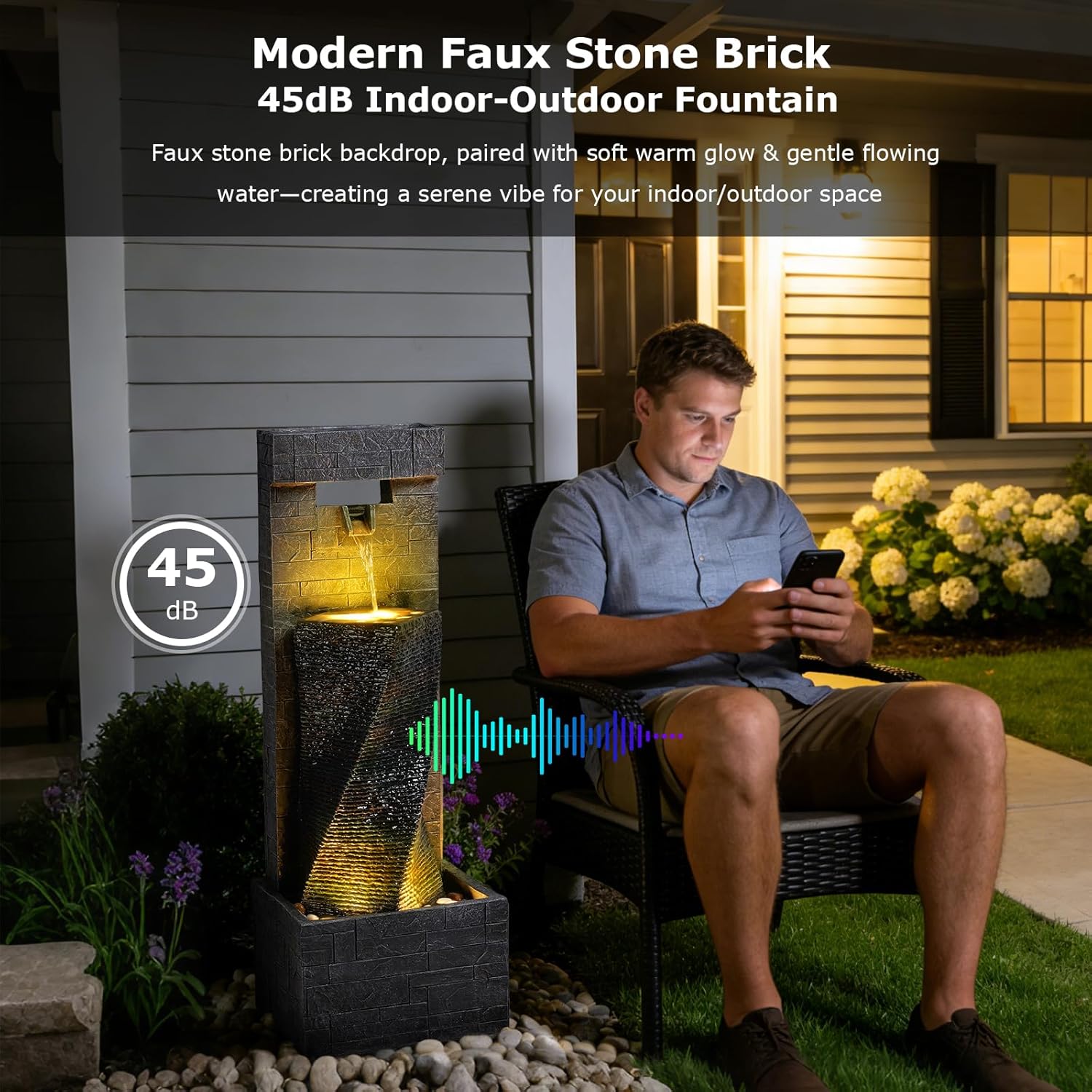 39.8'' Tall Modern Spiral Waterfall Fountain Outdoor/Indoor Water Fountain Resin Stone-Like Water Feature with LED Lights for Outside, Garden, Patio, Porch, Deck, Backyard, Home Decor