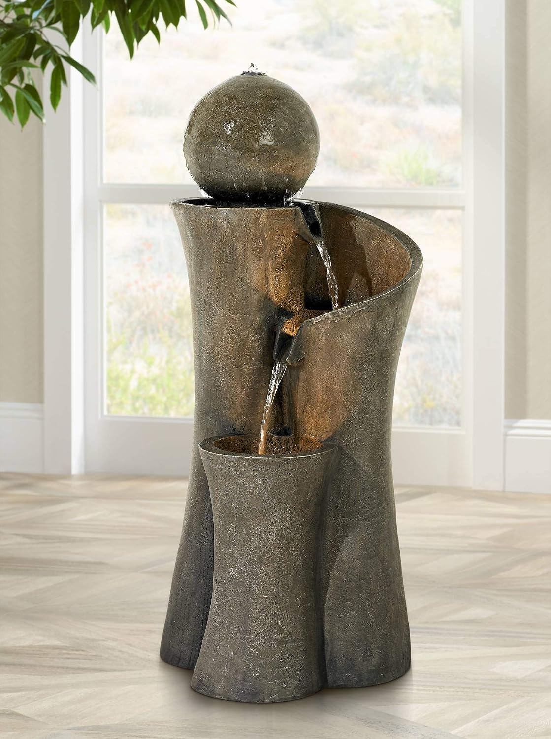 Sphere Curve 39 1/2' High Large Modern Zen Indoor Outdoor Decor Faux Stone Floor Fountain with Light LED Waterfall Cascading Water Feature for Outside Garden Patio Yard Backyard - John Timberland