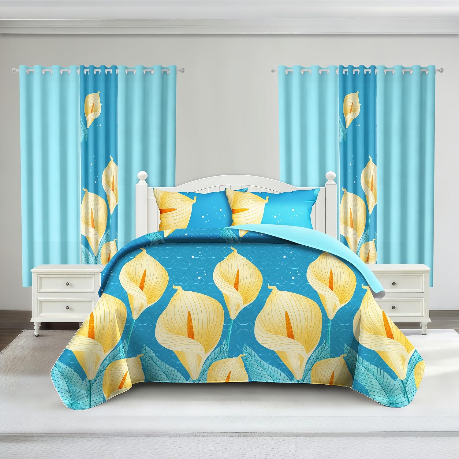 Deepsleep California King Bedspread Set 9 Pieces, All Season Luxury Bed in a Bag for Bedroom, with 2 Pillowcases and 6 Curtains, Ultra-Soft Microfiber for Complete Bedroom Decor, Yellow Calla Lily