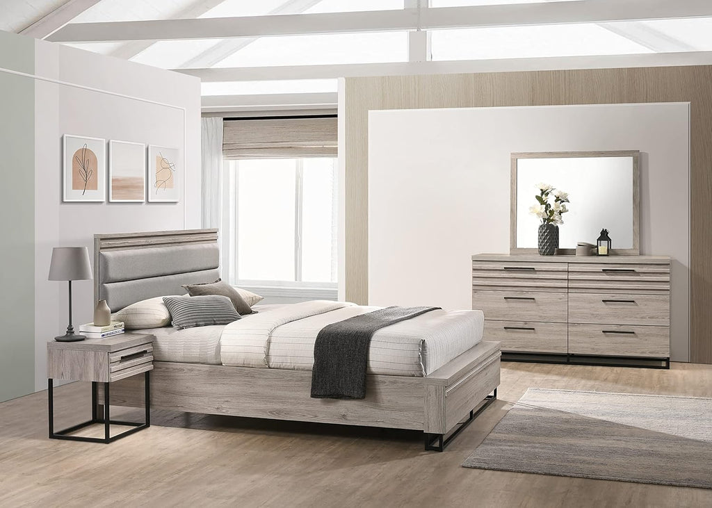 Roundhill Furniture Alvear Upholstered Wood Panel Bed, Dresser, Mirror, Nightstand, and Chest, Queen