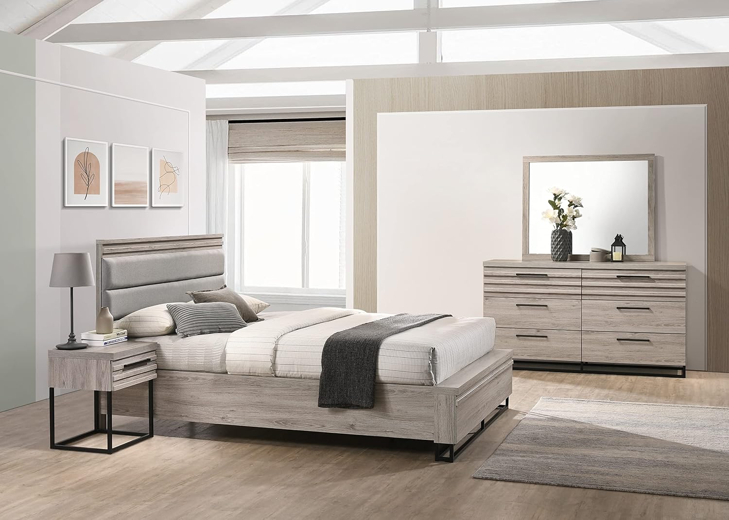 Roundhill Furniture Alvear Upholstered Wood Panel Bed, Dresser, Mirror, Nightstand, and Chest, Queen