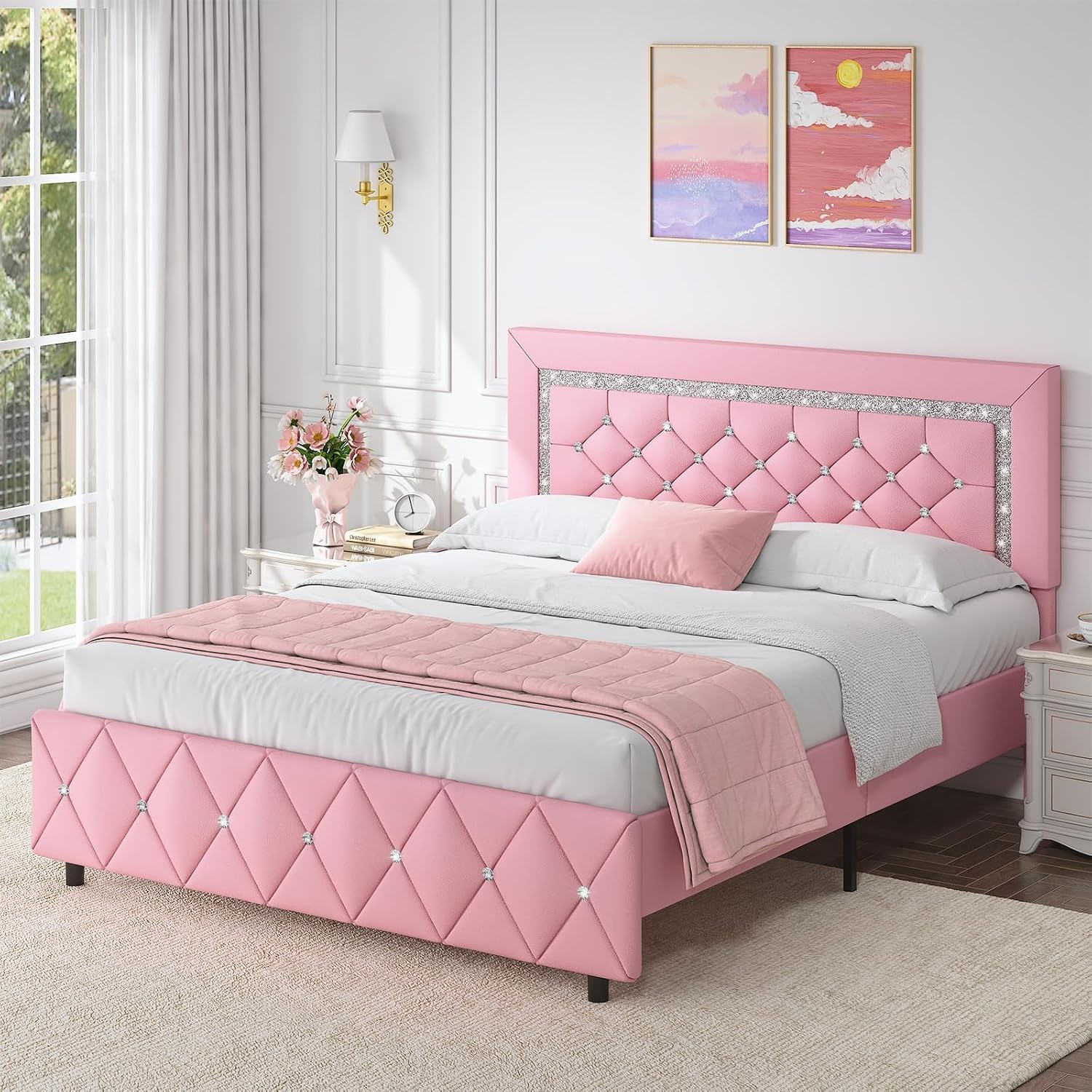 HOMBCK Full Size Bed Frame with Diamond Headboard, Faux Leather Upholstered Platform Bed, Mattress Foundation, No Box Spring Needed, Easy Assembly, Pink
