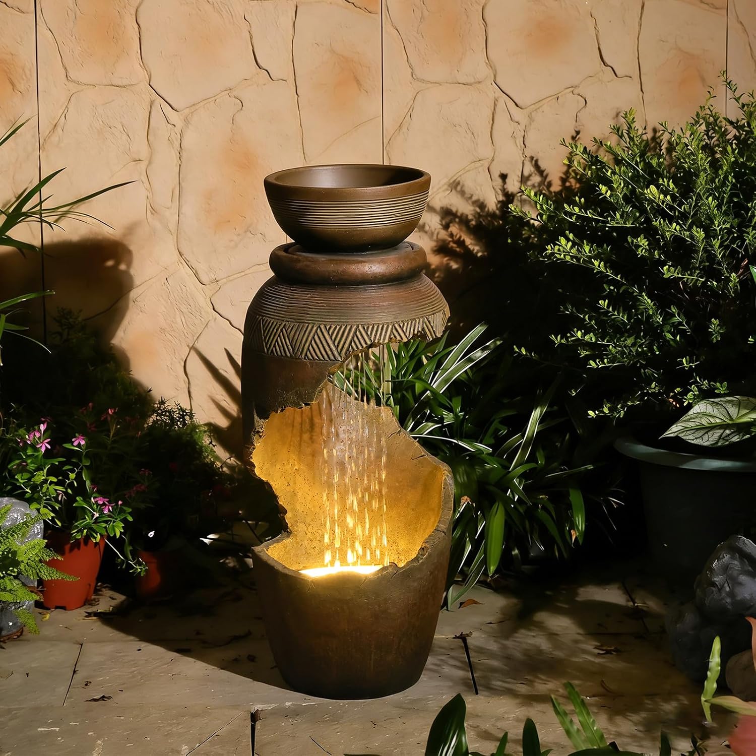 Free Standing Garden Fountain with Planter, Tiered Urn Water Fountain Outdoor, Cascading Waterfall Resin Fountain for Patio, Yard, Porch and Home Décor, Cracked Urn Design(Terracotta Brown)