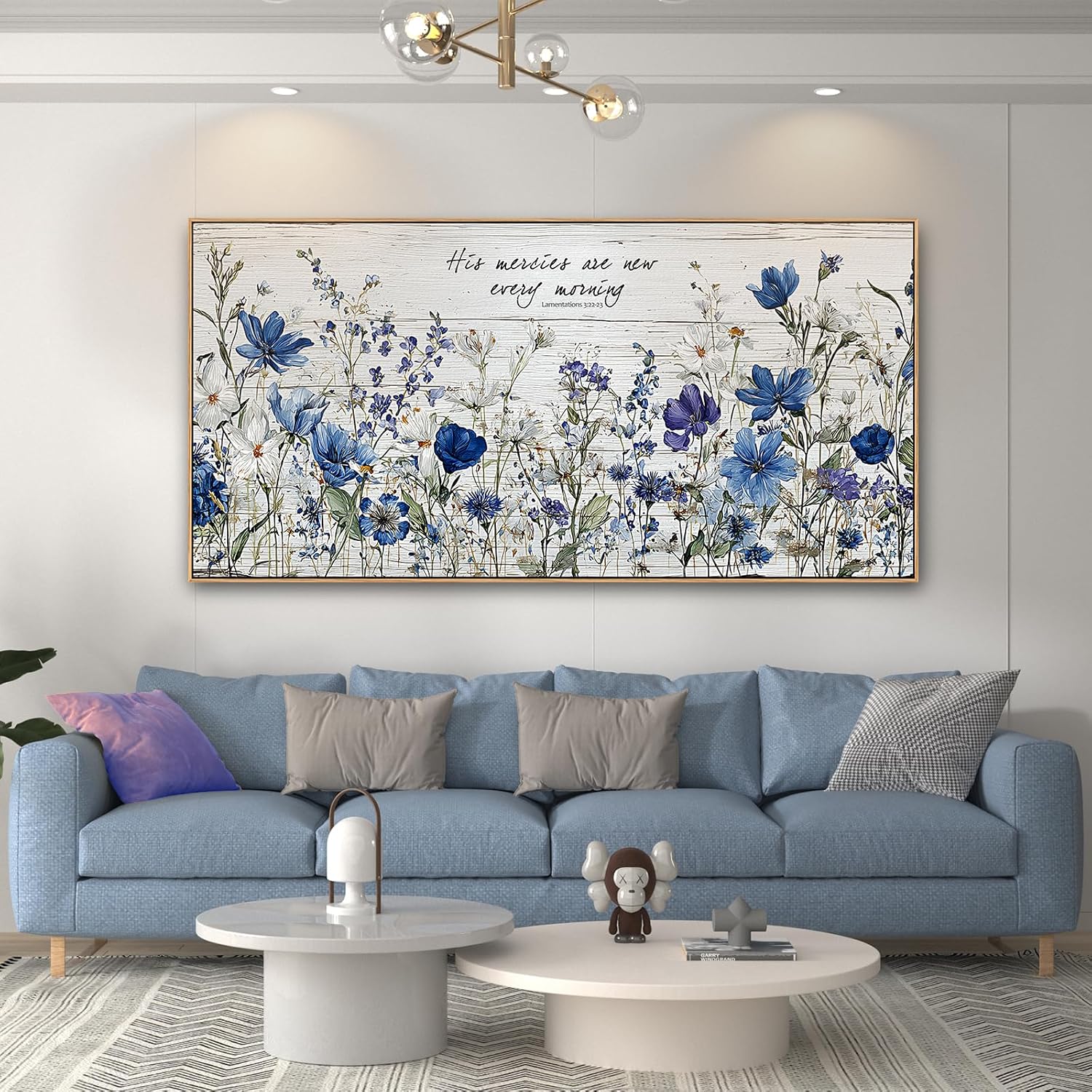 Tucai Decor Blue Floral Canvas Wall Art with Inspirational Quote Farmhouse Style Living Room Bedroom Kitchen Wall Decor Large Format Framed Print Artwork Home Decoration