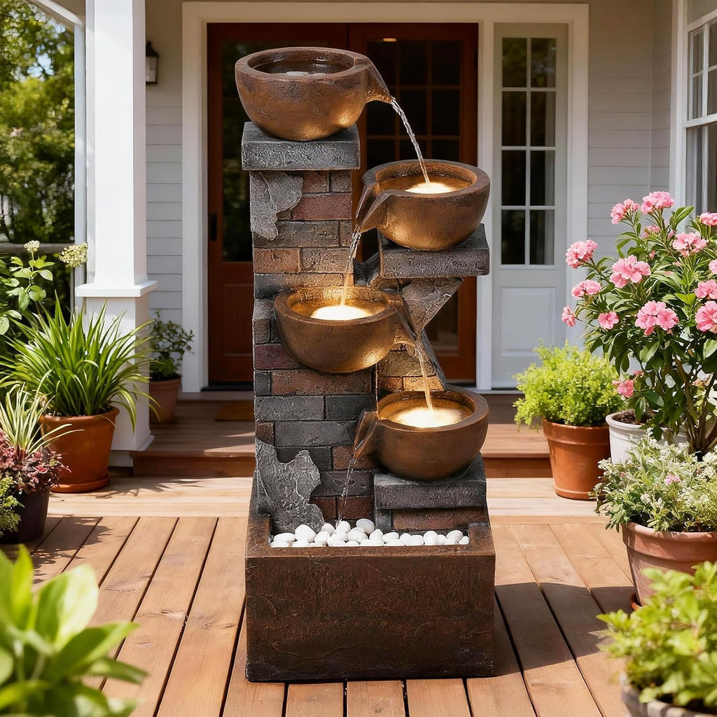 5 Tiers Water Fountain Outdoor Garden - 33.5' H Shape K Indoor Waterfall Fountain with LED Lights for Patio, Balconies, Lawns, Deck, Porch Backyard and Home Art Decor