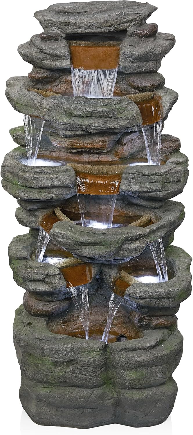 Alpine Corporation TZL352 Outdoor Floor Stone Tower Fountain with LED Lights, Multi-Level Garden Water Fountain, 47'H, Gray