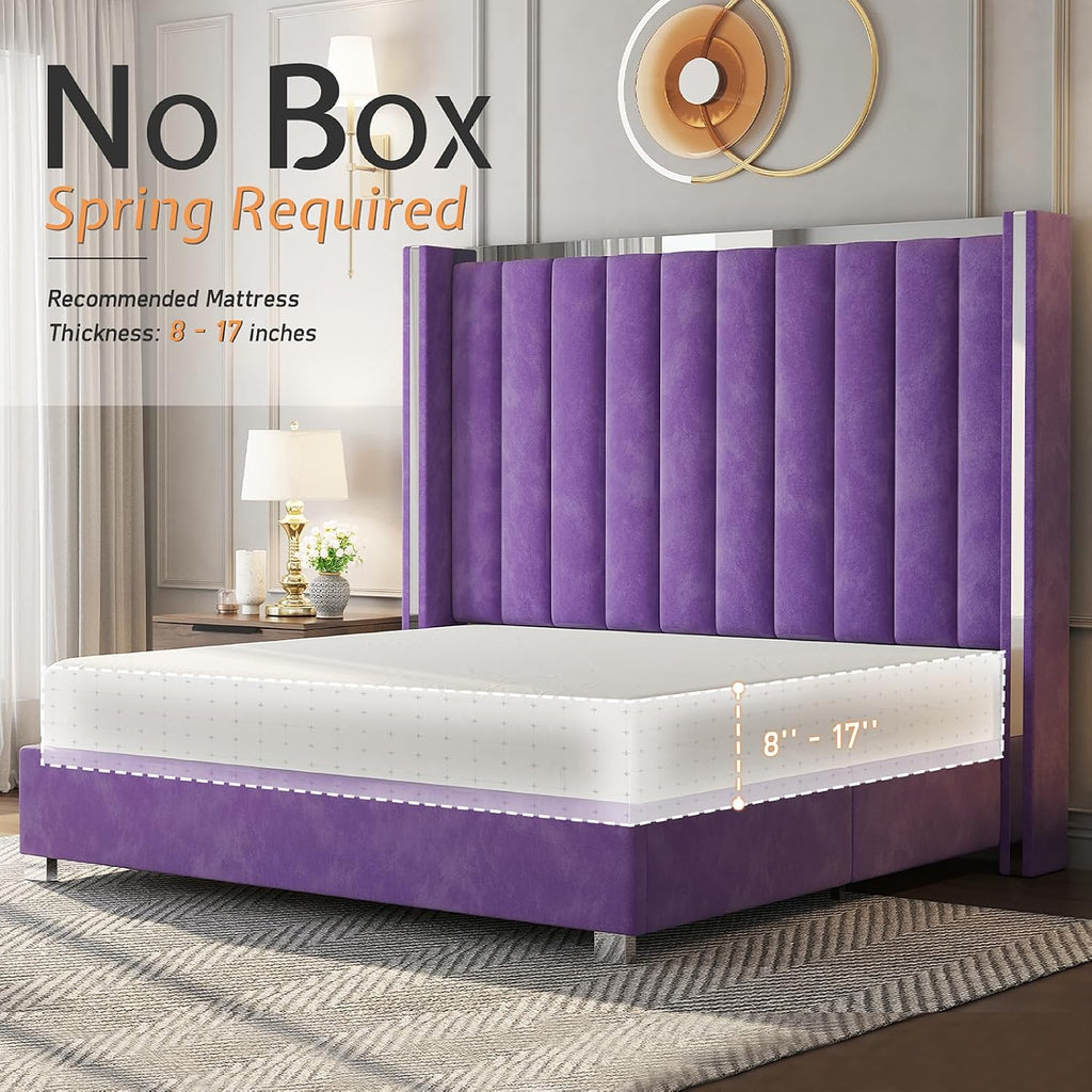 Jocisland Queen Bed Frame with 58' Tall Headboard, Velvet Upholstered Platform Bed with Channel Tufted Wingback Headboard and Plating Trim, No Box Spring Needed, Purple