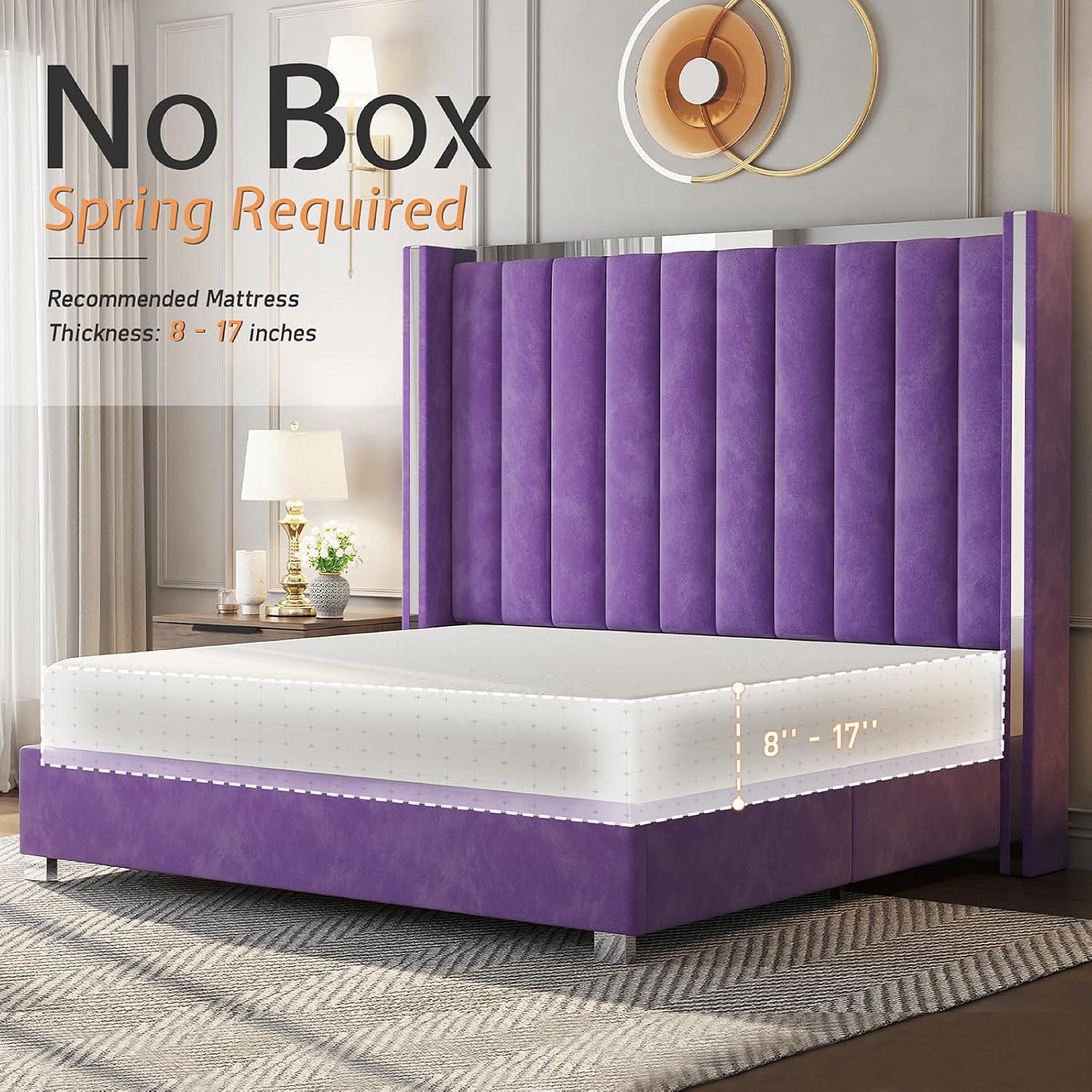 Jocisland Queen Bed Frame with 58' Tall Headboard, Velvet Upholstered Platform Bed with Channel Tufted Wingback Headboard and Plating Trim, No Box Spring Needed, Purple