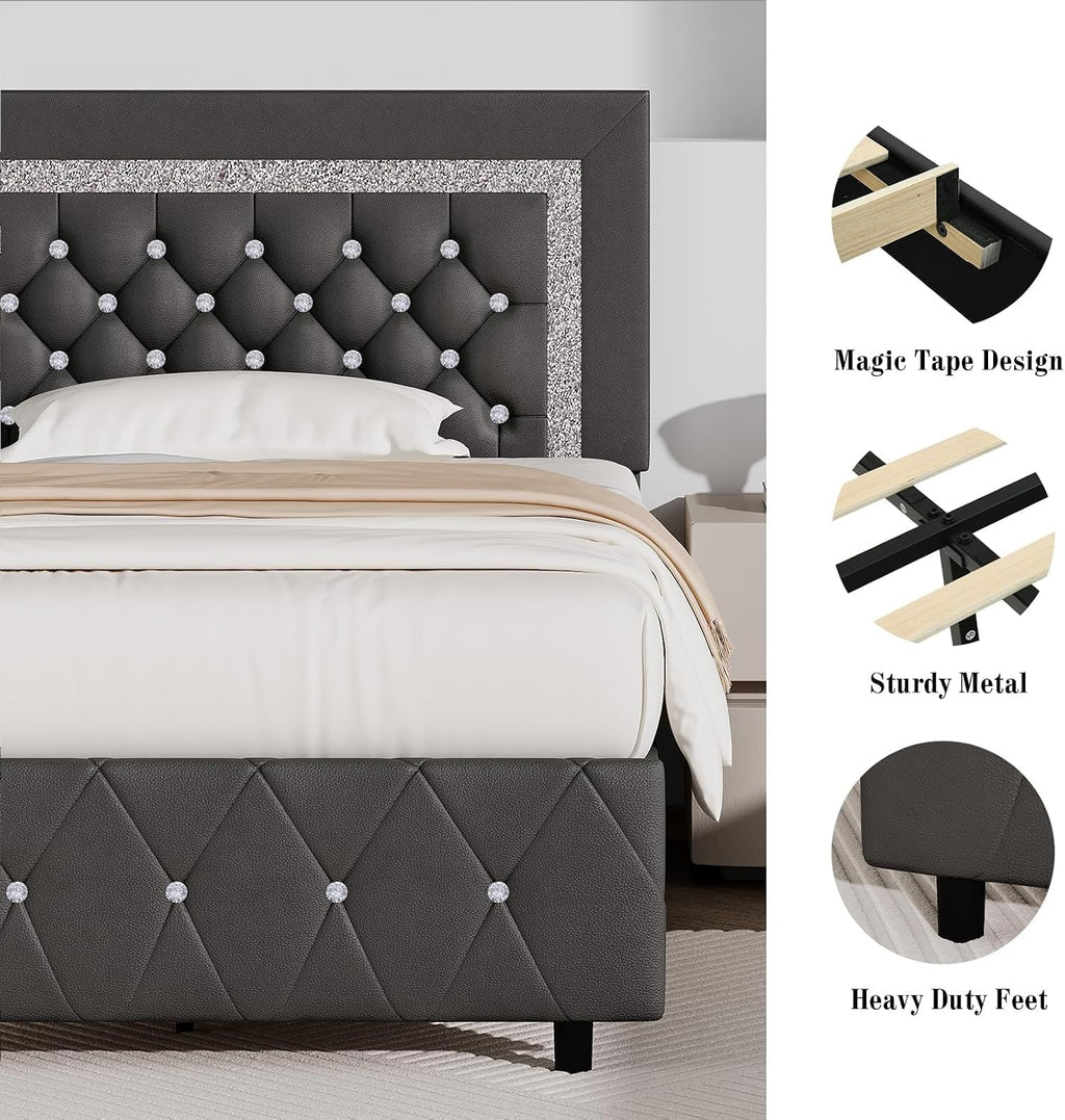 BarnFurin King Bed Frame with Diamond Tufted Headboard, Faux Leather Upholstered Bed with Wooden Slats Support, No Box Spring Needed, Mattress Foundation, Easy Assembly, Gray