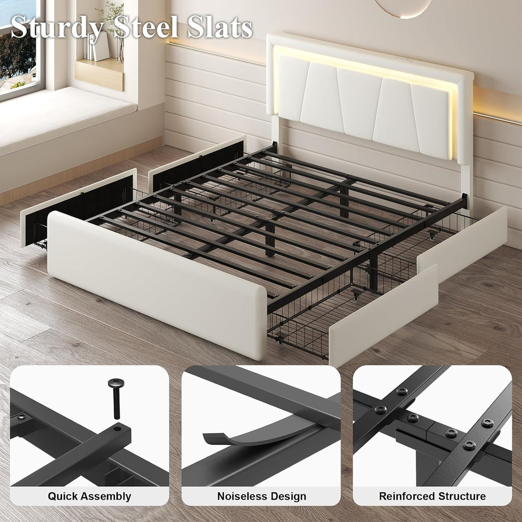 LoVinson Full Size Bed Frame with 4 Storage Drawers, Charging Station and LED Light, Adjustable Upholstered Headboard, Noise-Free, No Box Spring Needed, Easy Assembly, White