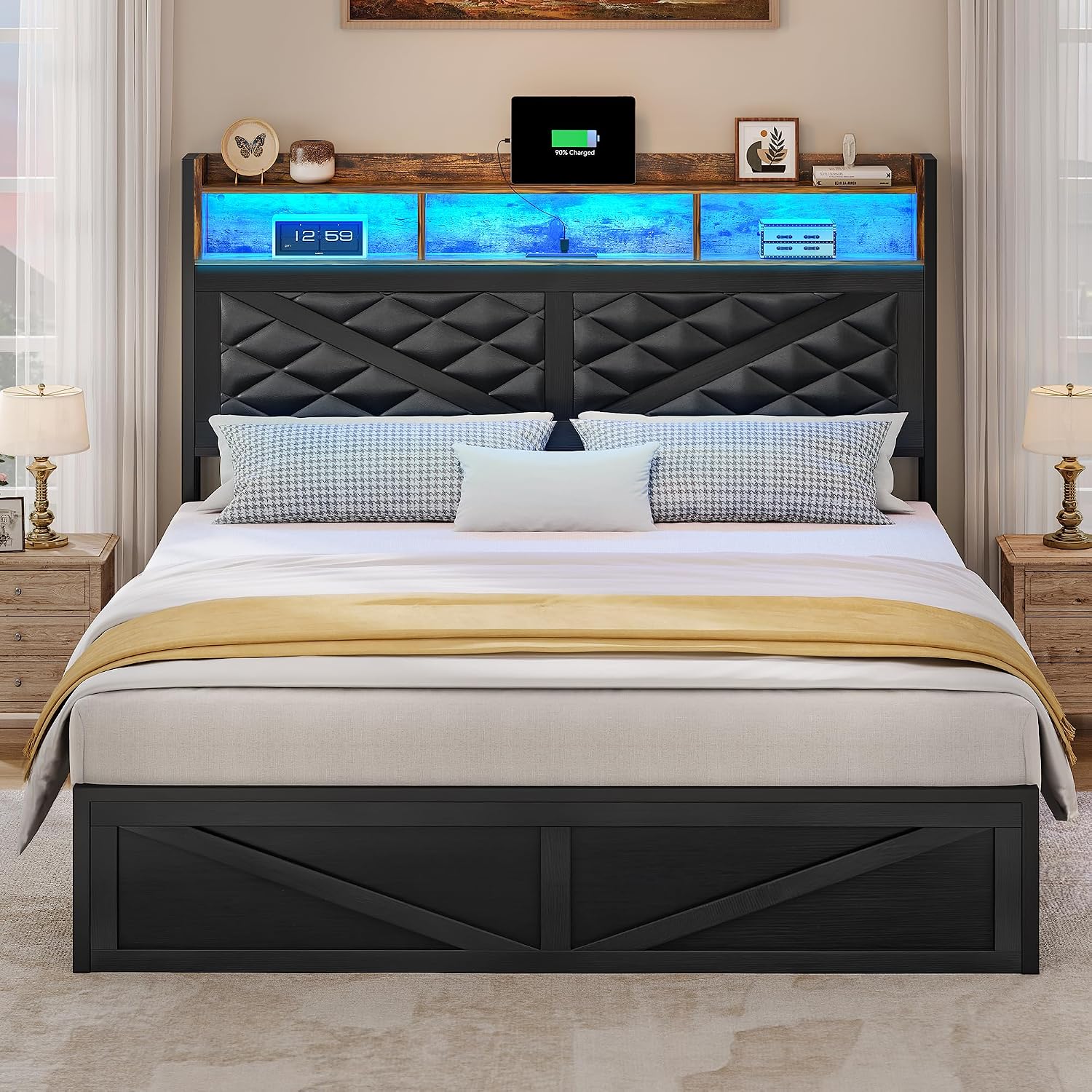 DWVO Bed Frame with Charging Station and Storage Headboard, Upholstered Platform with Large Under Bed Storage and LED Light, No Box Spring Needed, Noise Free, Faux Leather, Black, Queen Size