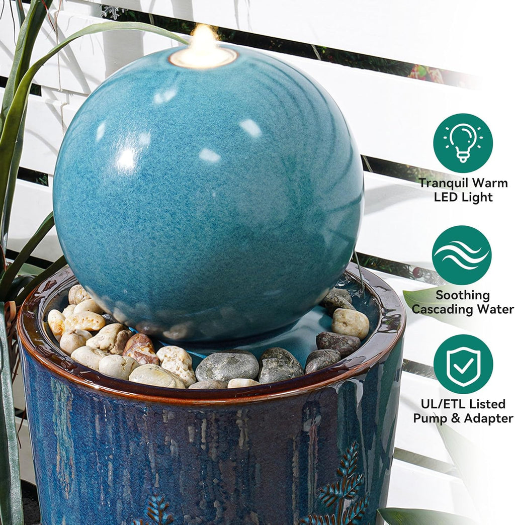 29.5' H Ceramic Sphere Water Fountain with LED Lights, Modern Nature-Inspired Design, Teal Blue Glaze with Leaf Patterns & Pebbles, Soothing Trickling Water Feature for Patio, Yard and Garden