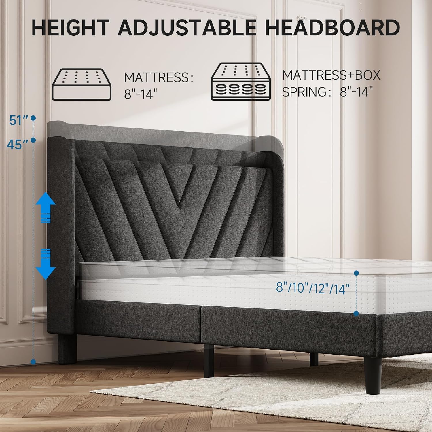 koorlian Queen Bed Frame with Headboard, Adjustable Upholstered Platform Bed Frame with Type-C&USB Ports, Wingback Storage Headboard, Solid Wood Slats Support, No Box Spring Needed, Dark Gray